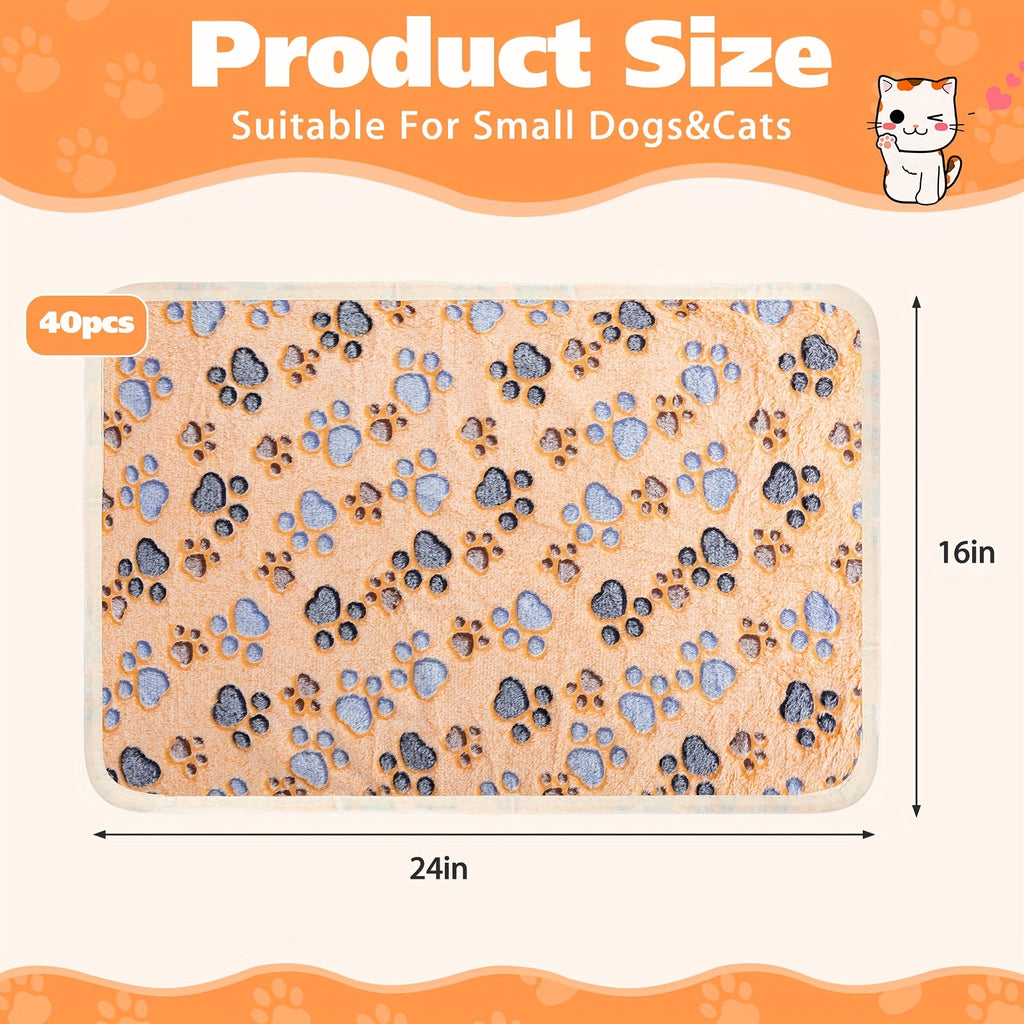 Fleece Pet Blankets 40 Pack, Washable Paw Print Throws for Small Dogs, Puppies, Cats and Kittens, Soft 24 x 16 Inch Bedding in 4 Colors
