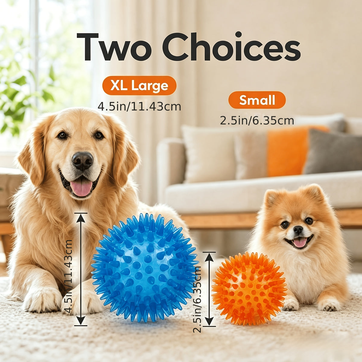 Spiky Dog Balls 2 Pack, XL 4.5-Inch Textured TPR Fetch Toys for Supervised Indoor and Outdoor Interactive Play, Battery-Free Dog Toy Set