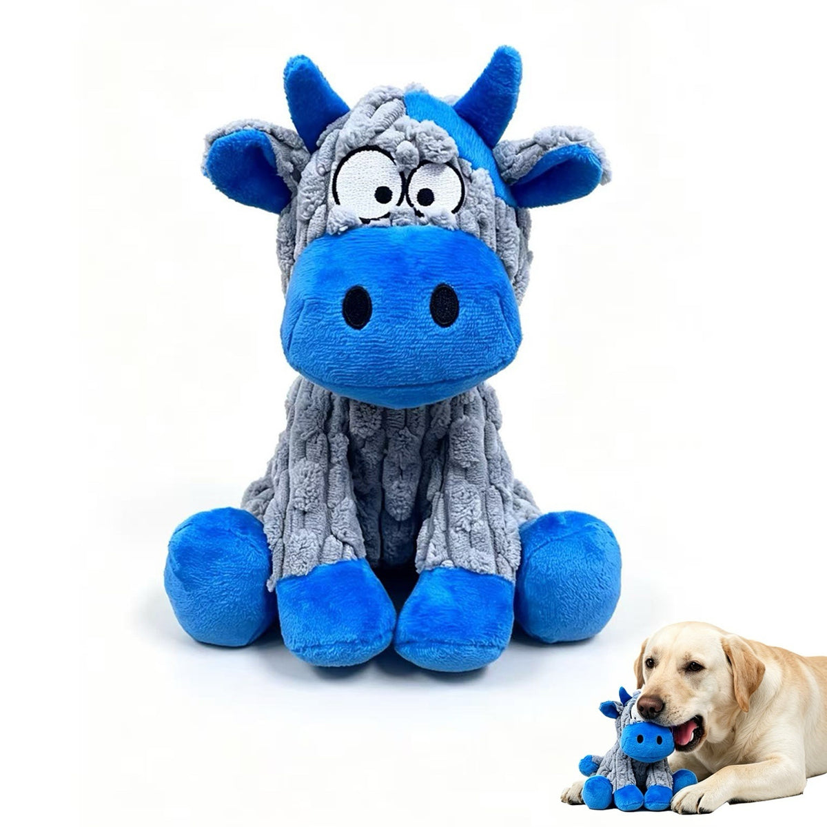Squeaky Cow Dog Toy in Blue and Gray, Battery-Free Plush Puppy Toy for Small and Medium Dogs, Supervised Gentle Tug and Interactive Play