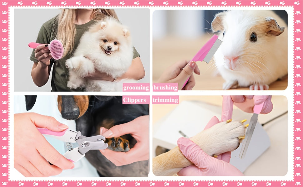 Dog and Cat Grooming Kit, 9 or 11 Piece Pet Care Set with Self-Cleaning Brush, Nail Clippers, Comb and Bath Tools in Pink or Blue