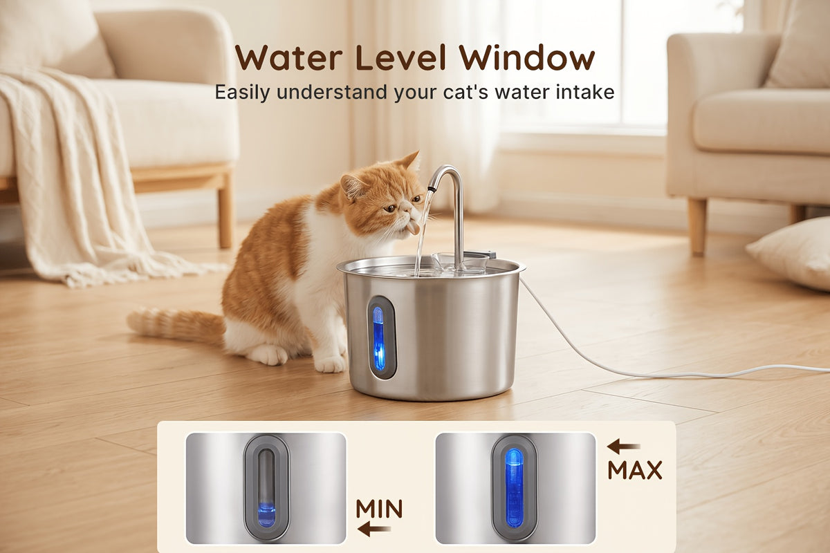 Cat Water Fountain with Filter and Sponge Bundles, 74oz 2.2L Stainless Steel Drinking Dispenser with Water Level Window for Indoor Cats and Small Dogs