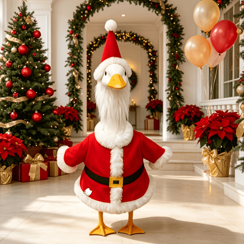 Santa Porch Goose Outfit for 23-Inch Decorative Goose Displays, Christmas Two-Piece Costume in Green Hair or White Hair Options for Holiday Entryway Decor
