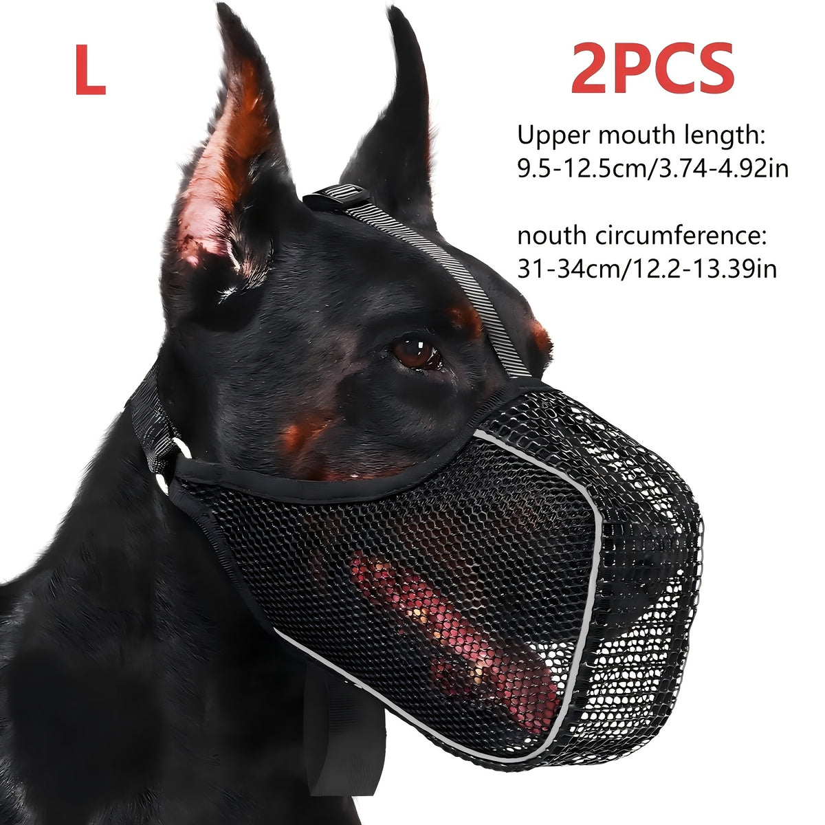 Full Coverage Mesh Dog Muzzle Mask 2-Pack in Black, Reflective Polyester Design with Adjustable Straps for Supervised Grooming and Vet Visits