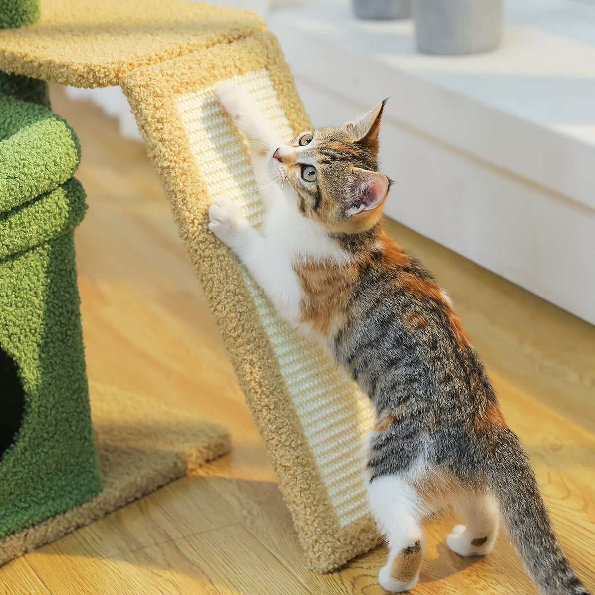 Cat Tree with Wide Perch and Condo, Modern Wood Cat Tower with Sisal Scratching Posts and Pad for Large Adult Indoor Cats and Compact Living Spaces