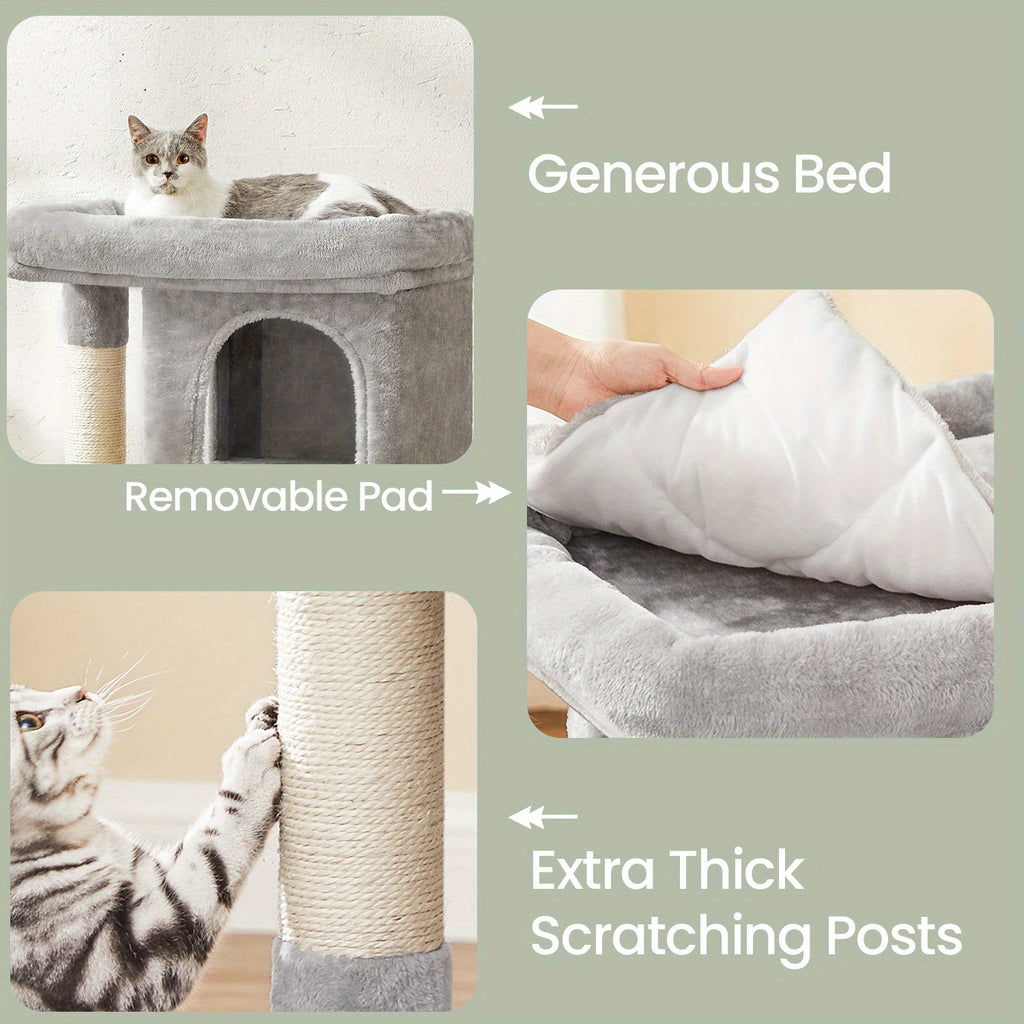 Cat Tower with Two Caves, 33.1 Inch Indoor Cat Condo with Large Perch and Scratching Post for Cats up to 16 lb, Three Neutral Color Options