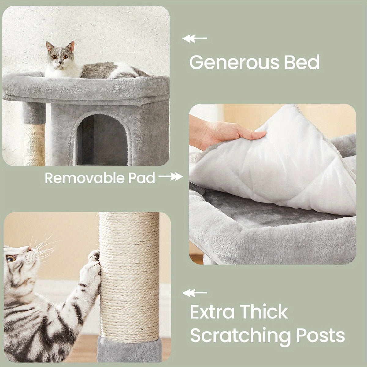 Cat Tower with Two Caves, 33.1 Inch Indoor Cat Condo with Large Perch and Scratching Post for Cats up to 16 lb, Three Neutral Color Options