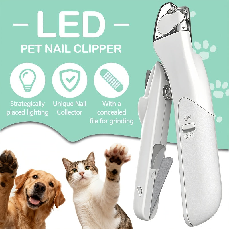 Pet Nail Clippers with Built-In File and LED Light, 2-in-1 Stainless Steel Blade Trimmer with Anti-Slip Handle for Cats and Small Medium Dogs