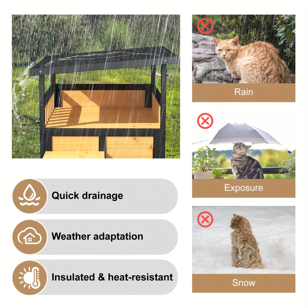 Two-Story Wooden Cat House in Yellow and Black, Indoor Pet Shelter and Apartment for Everyday Rest, Listed for Small and Medium Pets