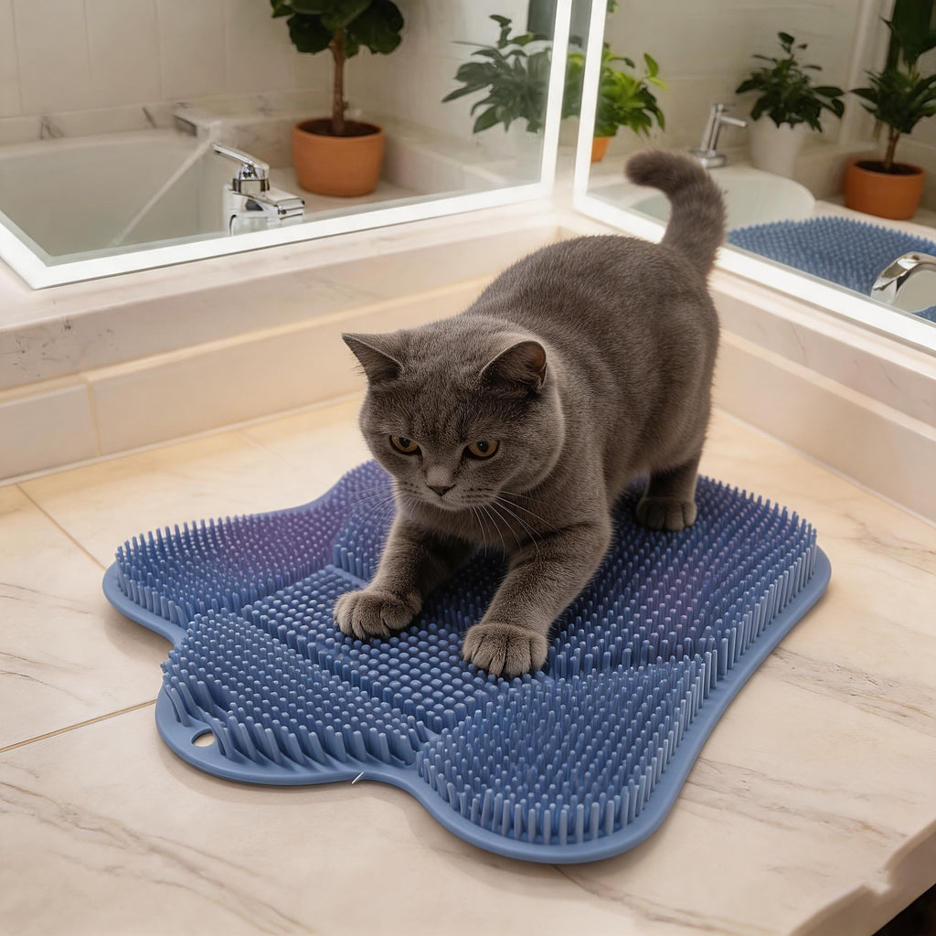 Cat Self Grooming Brush in Blue, Wall-Mounted Massage Scratching Board for Loose Fur Care, Space-Saving Everyday Pet Groomer for Indoor Cats