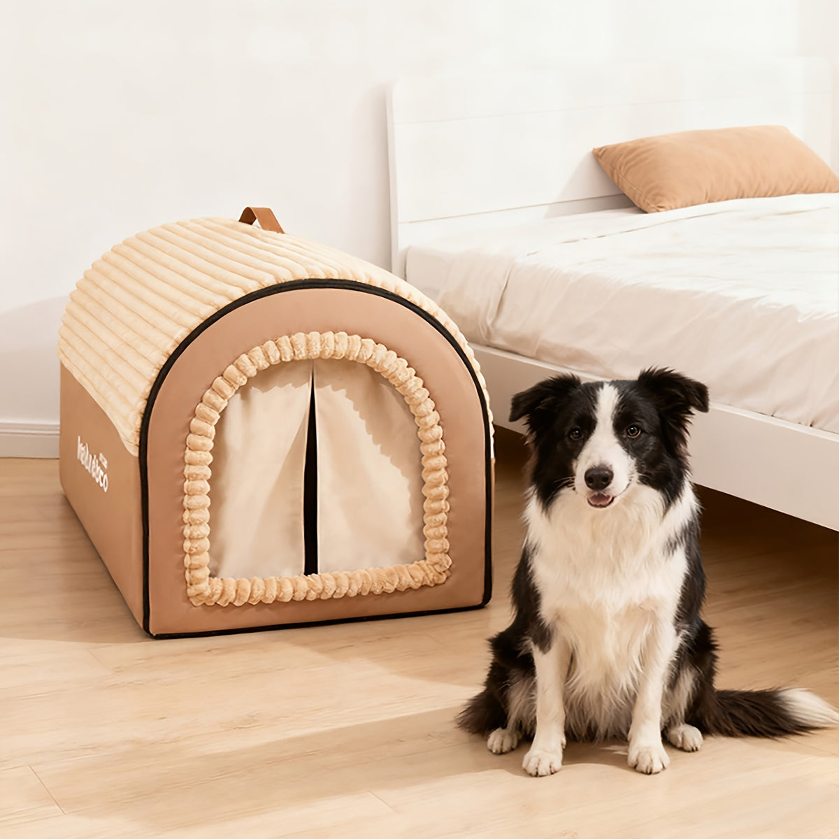 Foldable Indoor Dog House with Lid and Handle, 2-in-1 Brown Pet Tent Cave Bed with Soft Anti-Slip Washable Cushion for Dogs and Cats