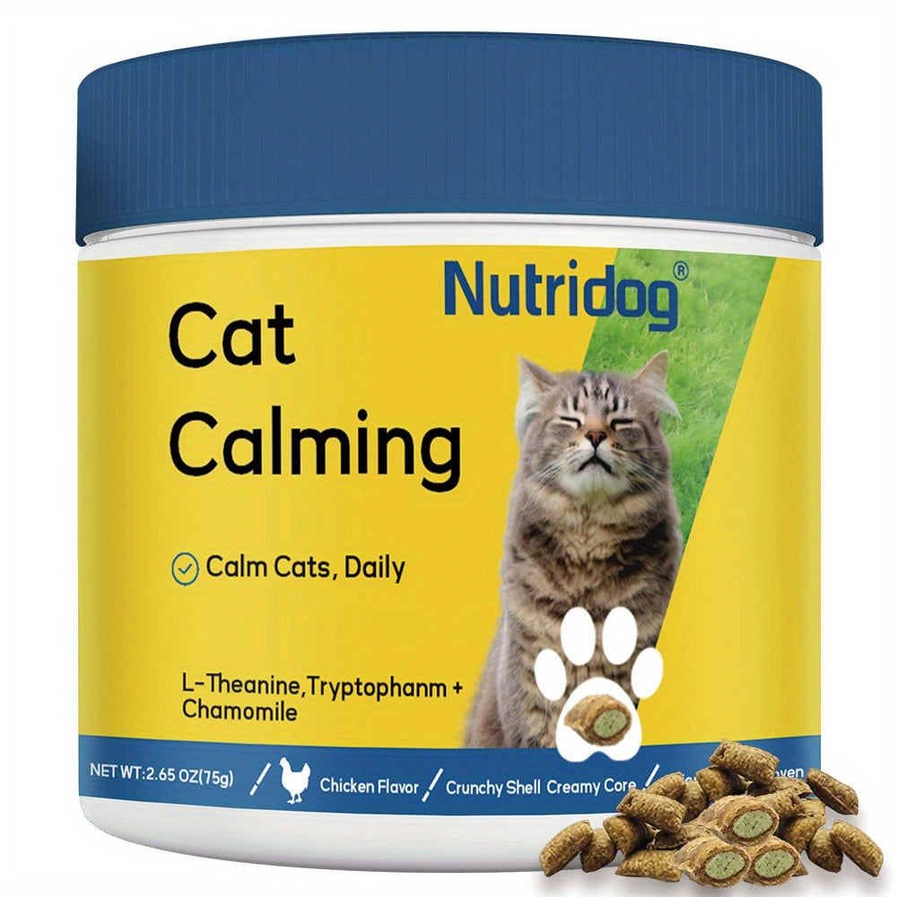 Cat Calming Treats, 150 Count Chicken Flavor Dual-Texture Chews with L-Theanine, Tryptophan and Chamomile, 75g Feline Supplement