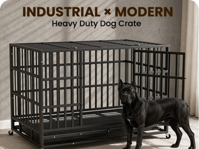 Heavy Duty Dog Crate with Top Opening, Black Steel Kennel in 42 or 48 Inch Models with Front Door, Lockable Wheels and Removable Cleaning Tray