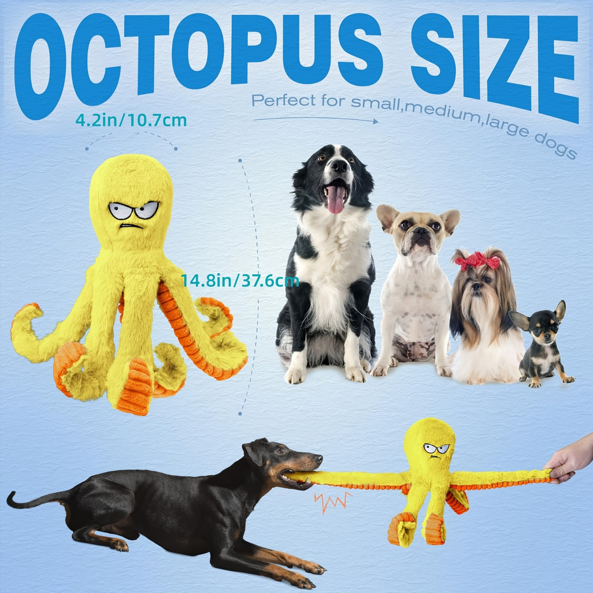 Squeaky Octopus Dog Toy with Crinkle Sounds, Stuffed Interactive Toy for Gentle Tug and Supervised Indoor Play, Single, 2-Pack or 4-Pack Options