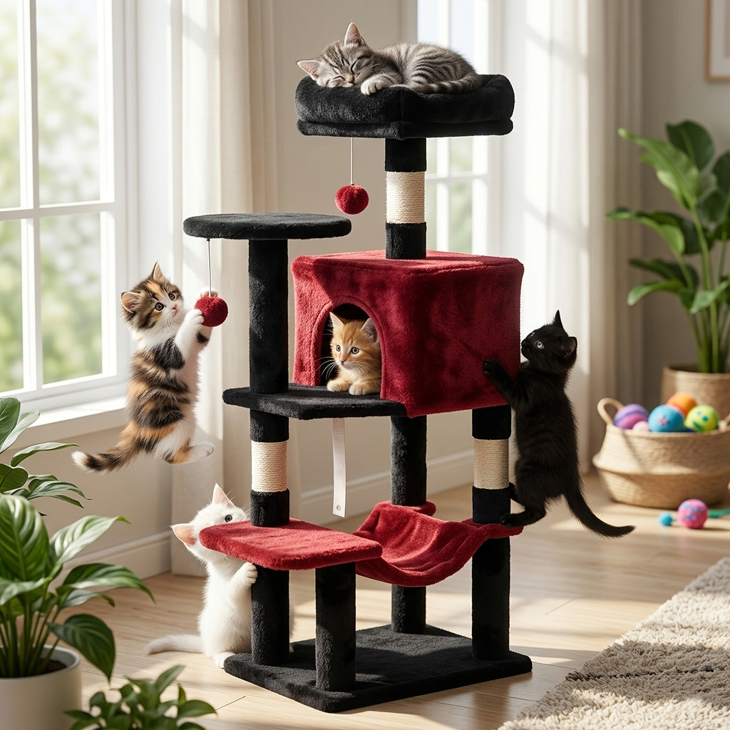 Cat Tree with Seven Color Choices, 44 Inch Indoor Cat Tower with Hammock, Condo Hideaway, Elevated Perches and Sisal Scratching Posts