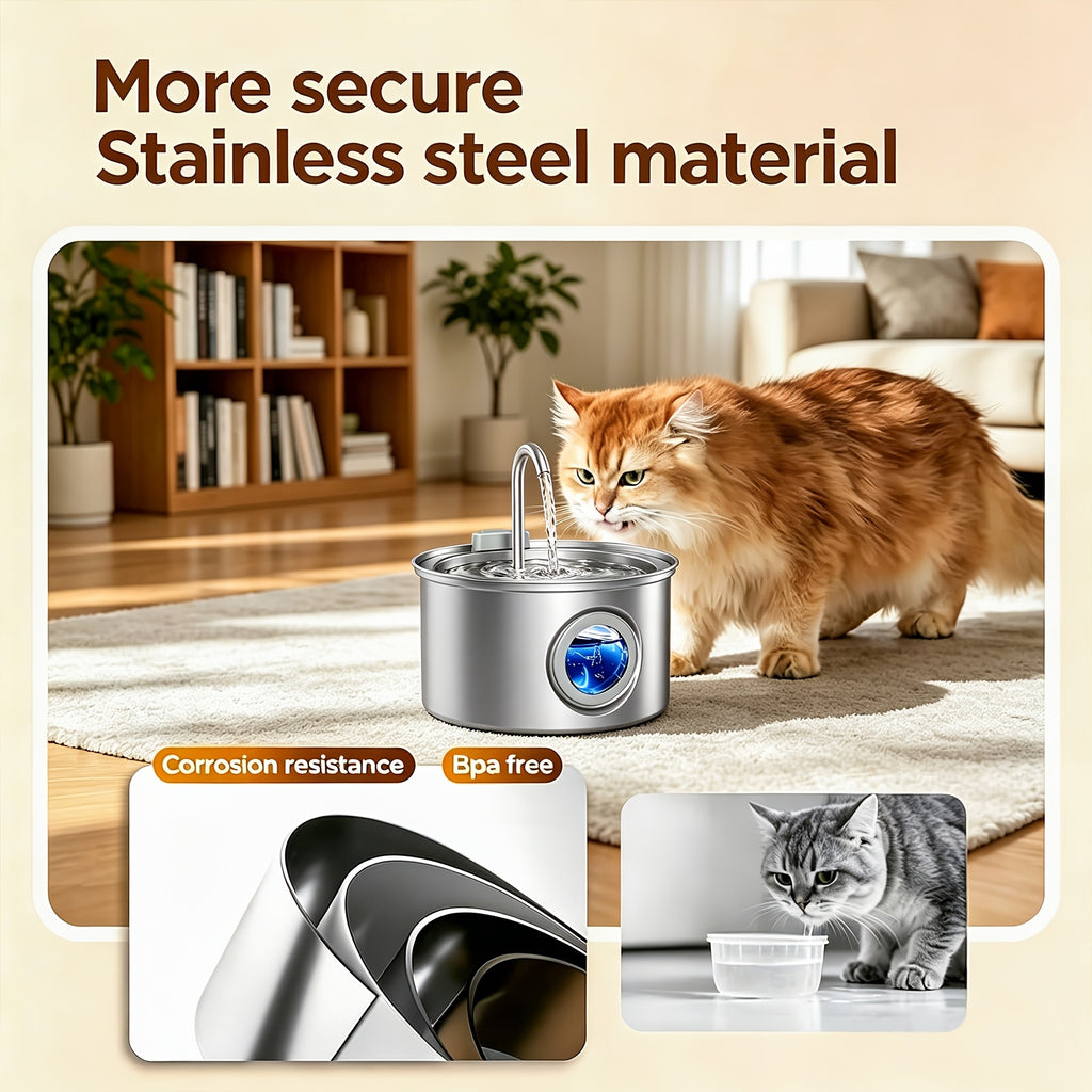 Dog Water Fountain 74oz 2.2L, Quiet 304 Stainless Steel Pet Drinking Dispenser with Large Water Level Window, Easy-Clean Design and Filter Bundle Options