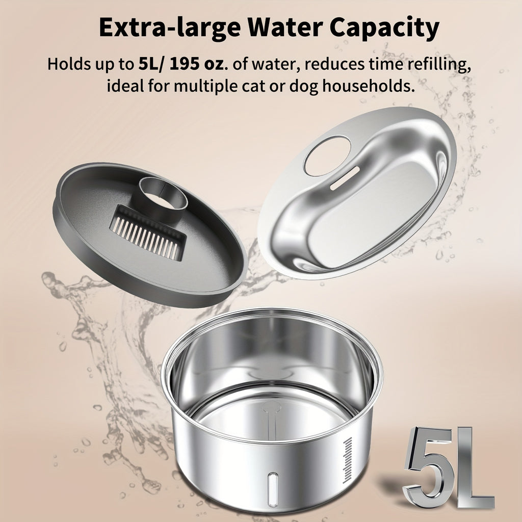 5L Stainless Steel Cat Water Fountain with Water Level Window and Red Blue LED Indicators, Quiet Pet Drinking Dispenser for Dogs and Cats with 2, 5 or 8 Filters