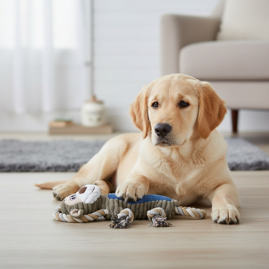 Squeaky Rope Dog Toy with Knotted Pull Loops, Soft Plush Animal Styles for Supervised Gentle Tug Games, Indoor Interactive Play and Dog Birthday Gifts