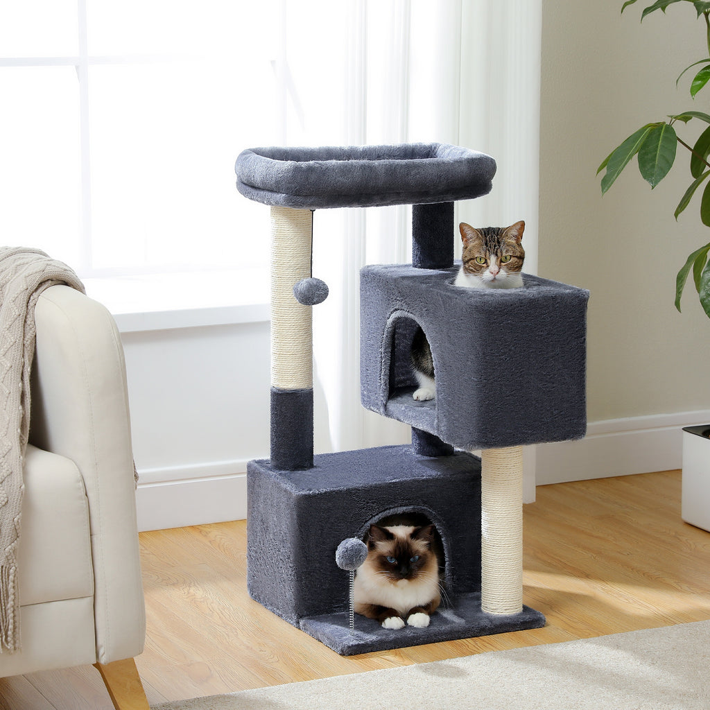 Cat Tree with Two Spacious Condos, 31.5 or 44 Inch Indoor Cat Tower with Washable Top Perch, 3.4 Inch Thick Scratching Posts and Two Play Toys