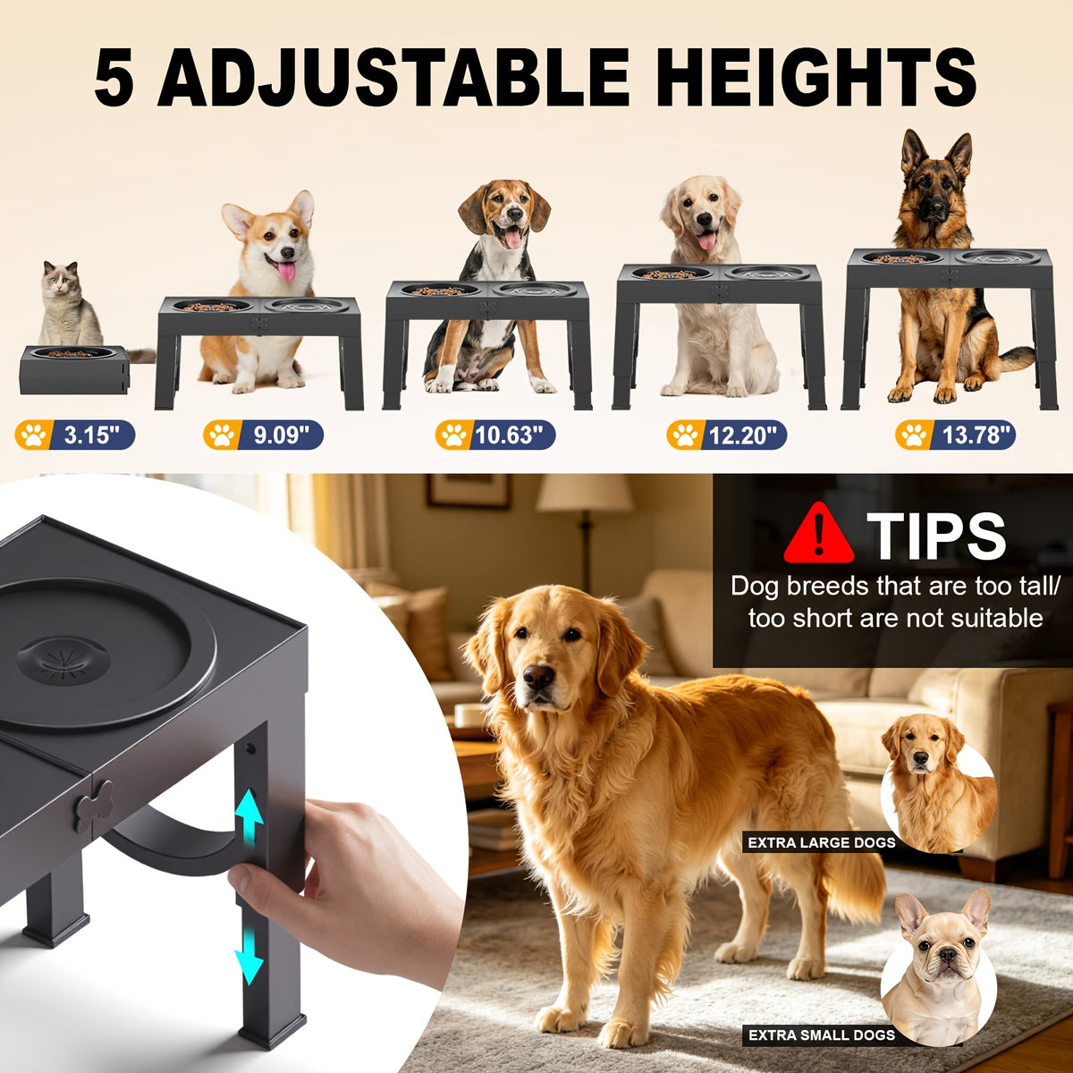 Foldable Elevated Dog Bowls with Height Adjustable Stand for Large Dogs, Raised Food and Water Feeding Station with Stainless Steel Bowl Options