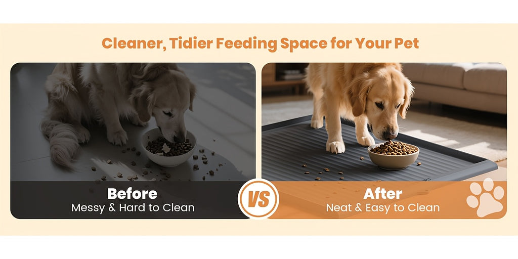 Large Dog Feeding Mat 36 x 24 Inches, Grey Waterproof Pet Bowl Placemat with Raised Edges, Grooved Surface and Roll-Up Design for Food and Water