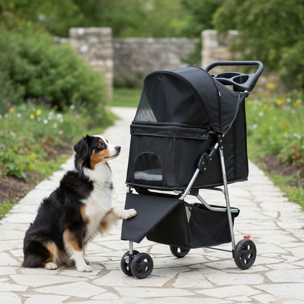 Pet Stroller with Swivel Front Wheel, Three-Wheel Foldable Dog and Cat Pushchair with Mesh Canopy, Storage Basket, Cup Holder and Weather Cover