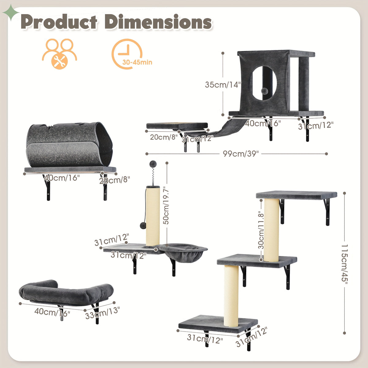 Cat Climbing Wall Shelves Set, Wall-Mounted Indoor Cat Furniture with Condo, Scratching Post, Bridge Ladder and Tunnel for Play and Rest