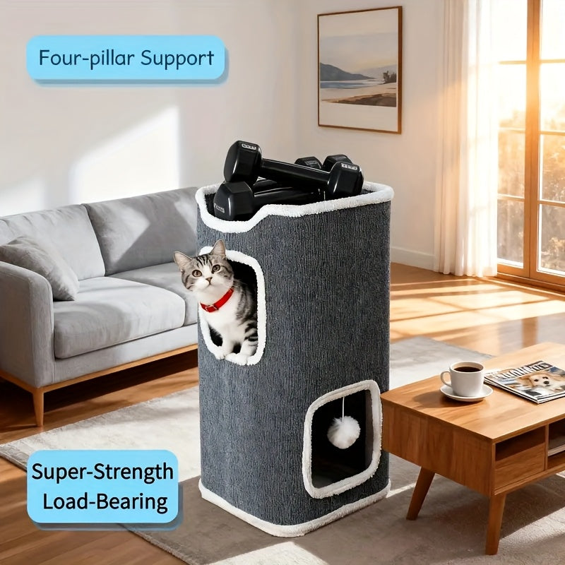 Cat Condo Tower with Foldable Design, Gray Indoor Cat Hideaway with Top Lounge, Detachable Panels and Scratching Surface, DC 13IN or 23IN-M Options