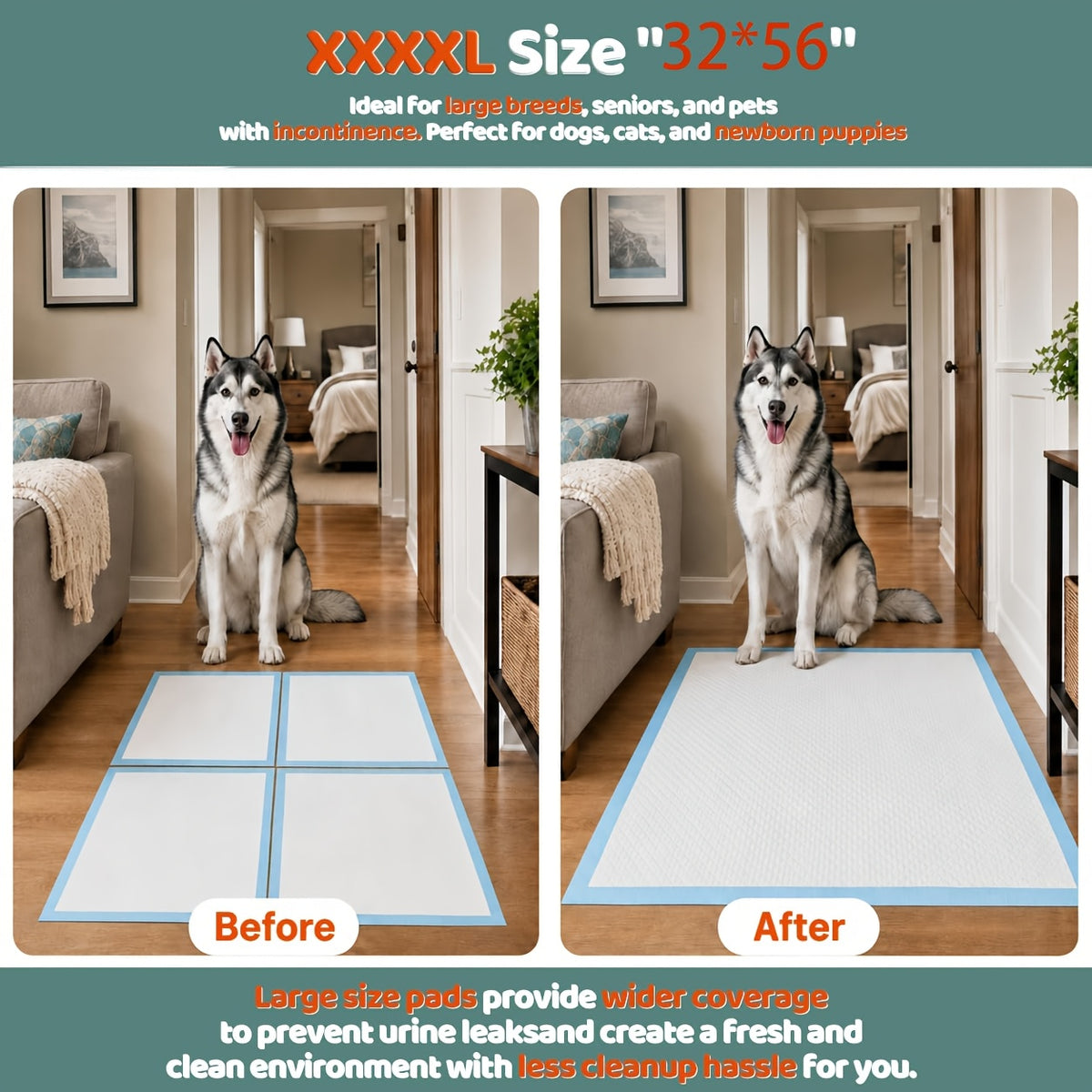 Extra Large Disposable Dog Pee Pads 58 x 32 Inch, 40 Count Super Absorbent Leak-Proof Puppy Potty Training Pads for Cars, Crates and Sofas