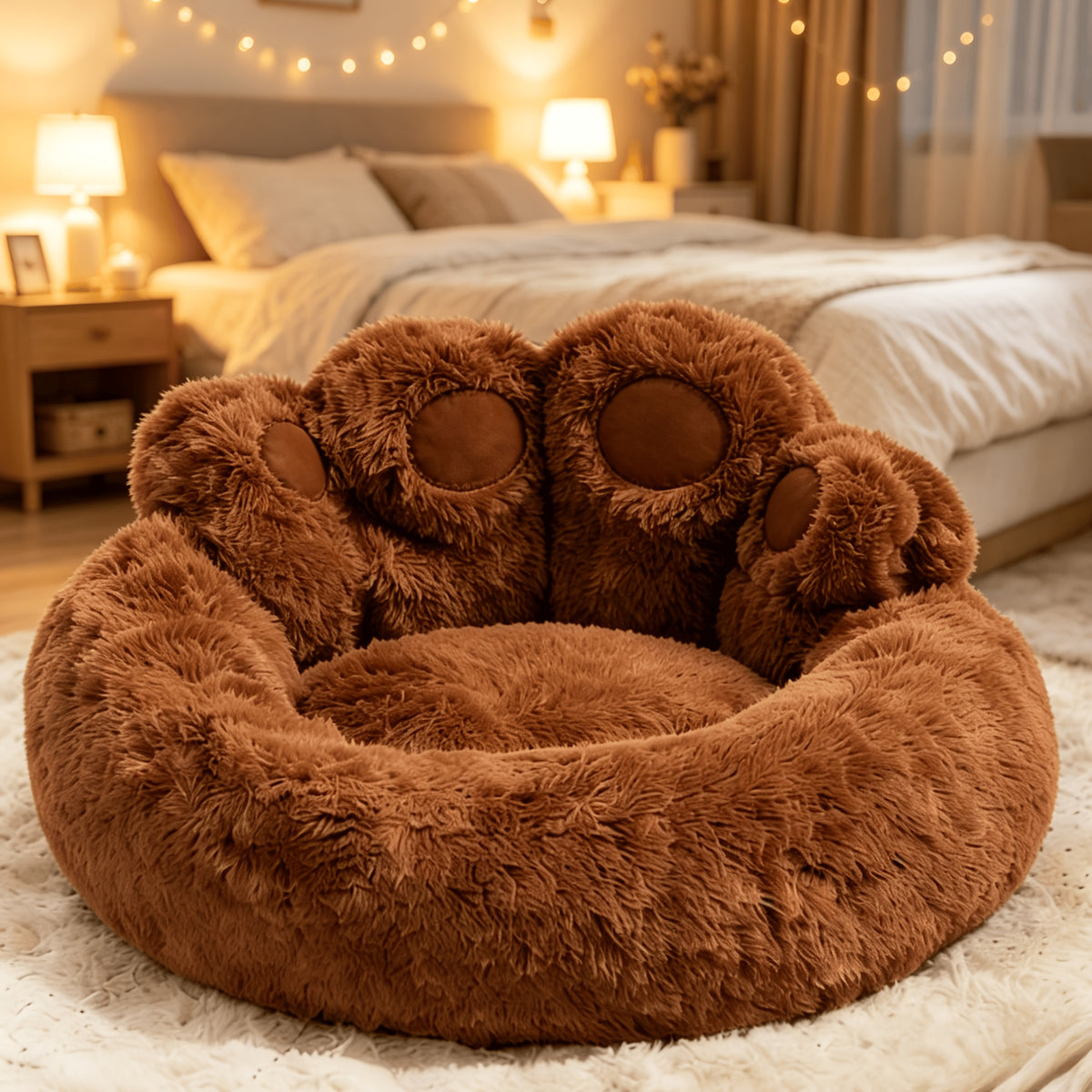 Faux Fur Pet Bed with Washable Bear Paw Design, Soft Plush Dog and Cat Sleeping Cushion with Non-Slip Bottom in Three Sizes and Colors