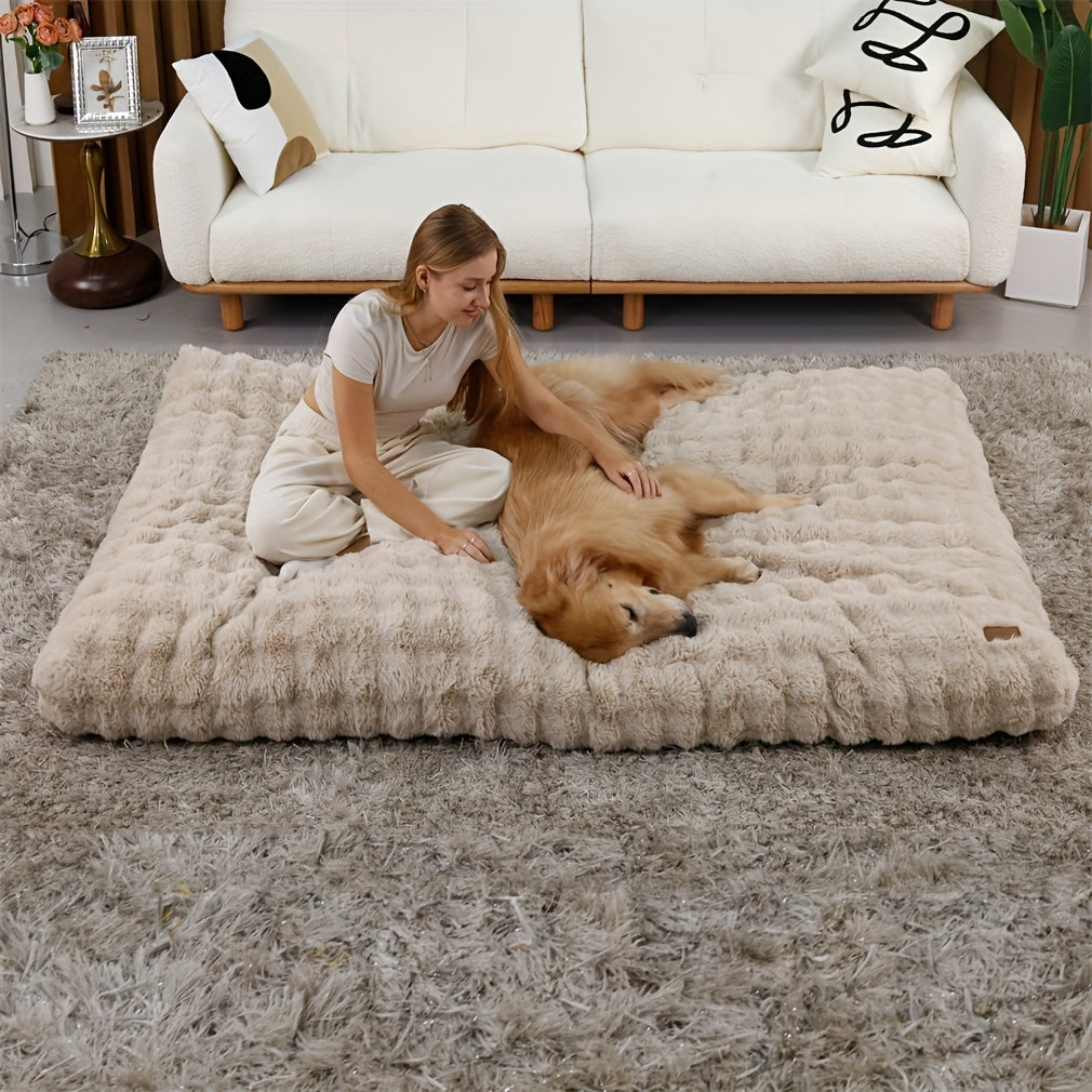 Foam Dog Bed with Waffle-Textured Removable Cover, Polyester Pet Crate Mat in Medium to 3XL Sizes for Indoor Rest, Grey or Khaki and Beige