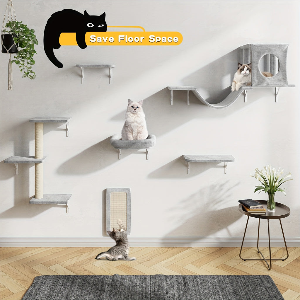 Cat Wall Climbing Shelves with Condo, 6-Piece Wall-Mounted Furniture Set with Scratching Post, Bridge Ladder and Board for Small and Medium Indoor Cats
