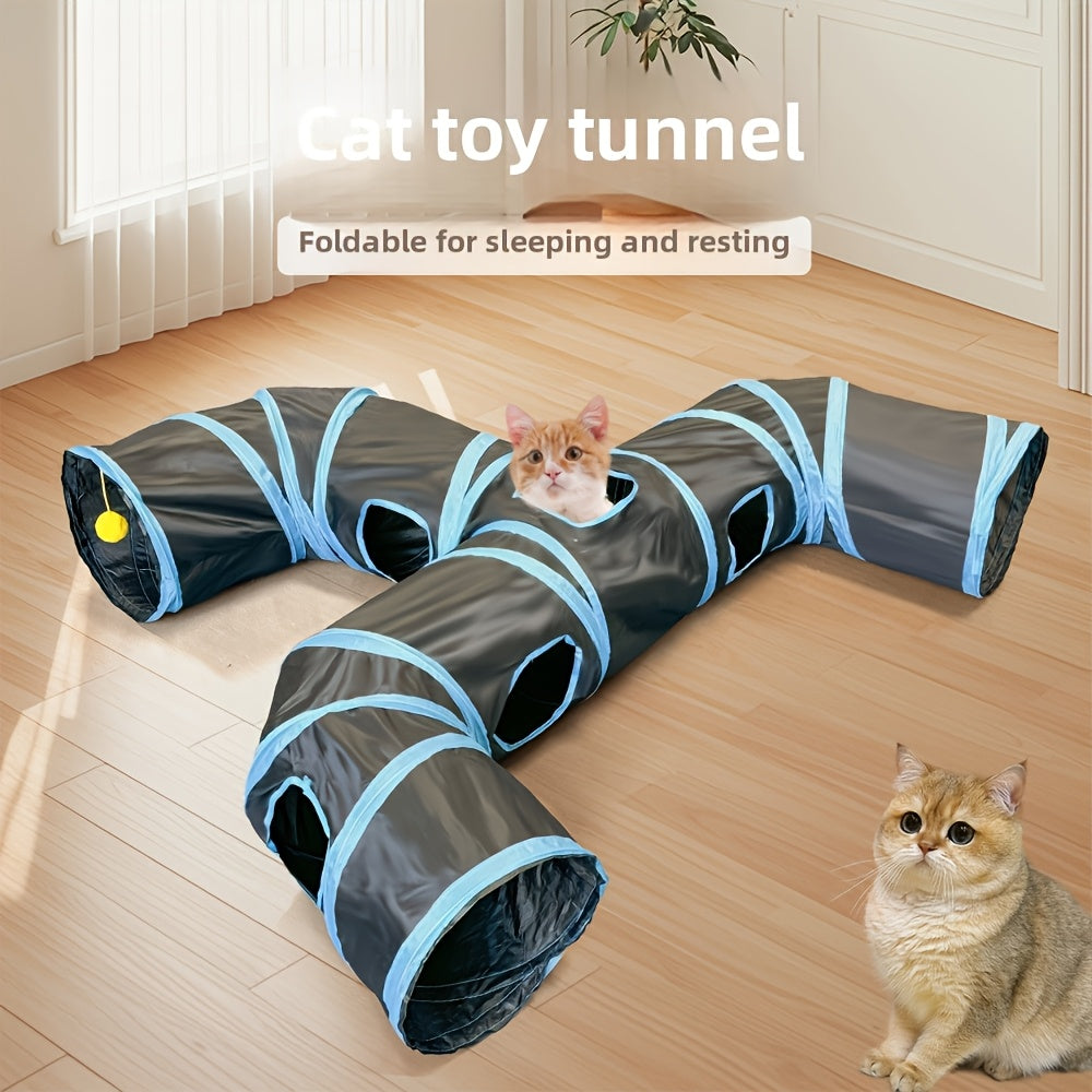 T-Shaped Cat Tunnel with Hanging Ball, Collapsible Polyester Play Tube with Multiple Entrances for Indoor Cat Hide-and-Seek and Daily Exploration