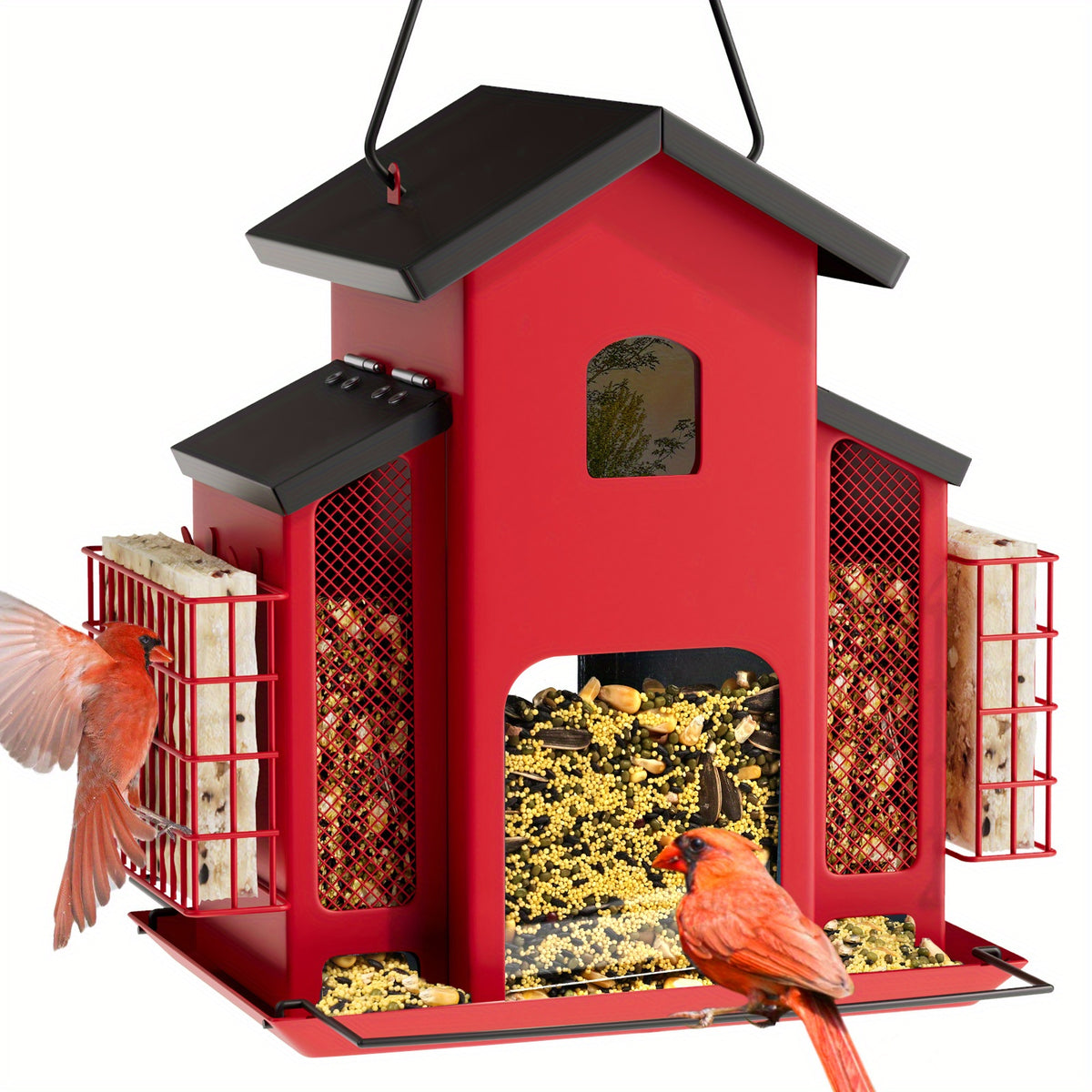 Hanging Metal Bird Feeder with Mesh Seed Compartments and Side Food Cages, House-Shaped Outdoor Feeding Station in Blue, Red or White for Backyard Birdwatching