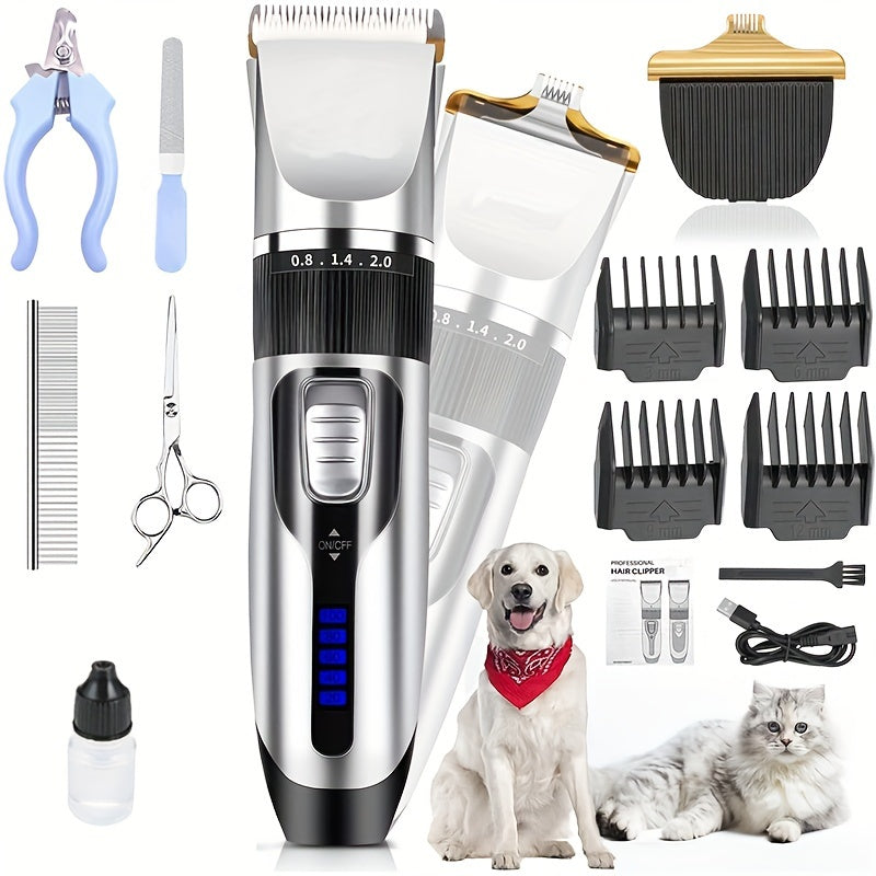 Rechargeable Dog Grooming Clippers Set in Silver, Low-Noise Electric Pet Hair Trimmer with Four Guide Combs for At-Home Dog and Cat Coat Care