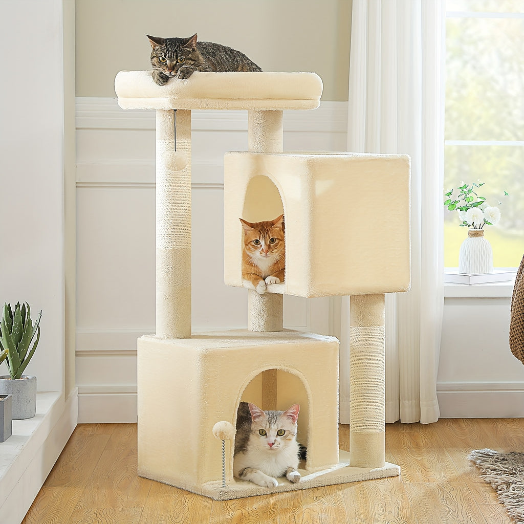 Cat Tree with Two Spacious Condos, 31.5 or 44 Inch Indoor Cat Tower with Washable Top Perch, 3.4 Inch Thick Scratching Posts and Two Play Toys