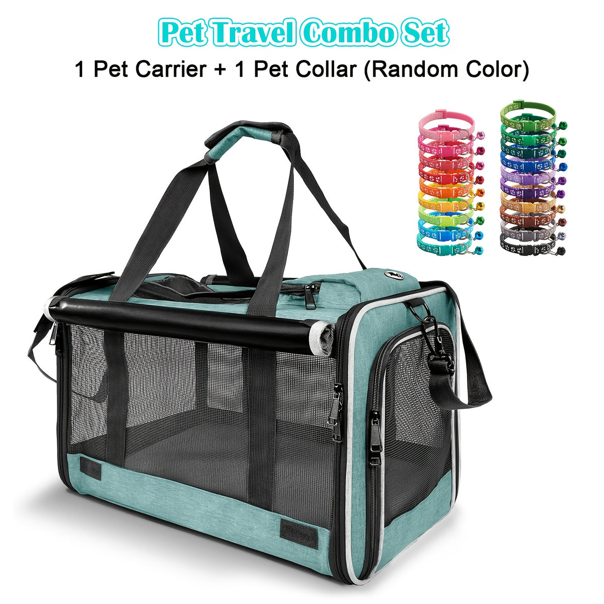 Cat Carrier Travel Set for Cats and Small Dogs, Soft-Sided Breathable Collapsible Pet Bag with Bowl, Collar or Pet Glove Bundle Options