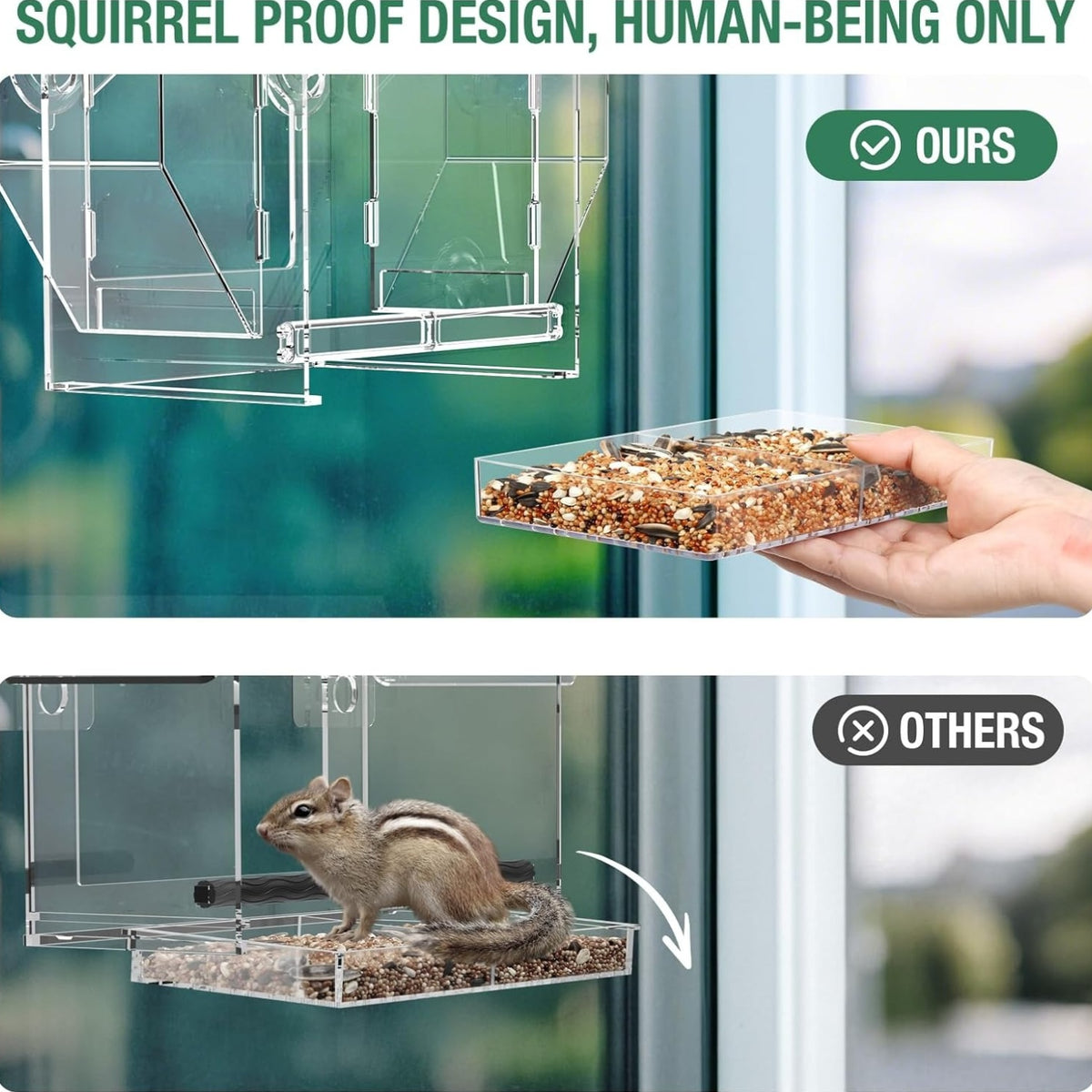 Window Bird Feeder with Dual Side Hoppers, Extra Large Clear Outdoor Feeder with Suction Cups and Adhesive Mount for Indoor Bird Watching