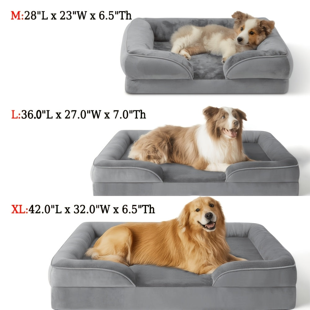 Orthopedic Bolster Dog Bed with Egg Crate Foam, Removable Washable Cover and Non-Slip Base, Gray Pet Sofa in 36, 42 and 48 Inch Sizes