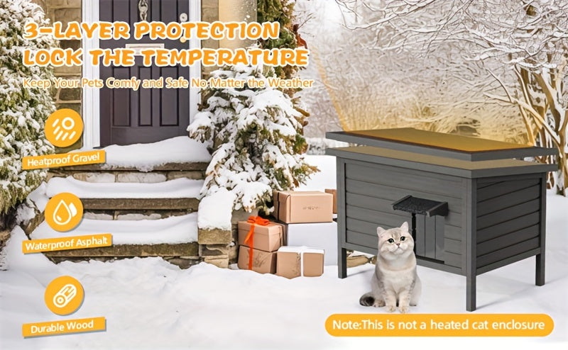 Wooden Outdoor Cat House with Six-Side Foam Insulation, Raised Floor and Feeding Station, 34.4 x 21.7 x 27.2 Inch Feral Cat Shelter in Grey or Coffee