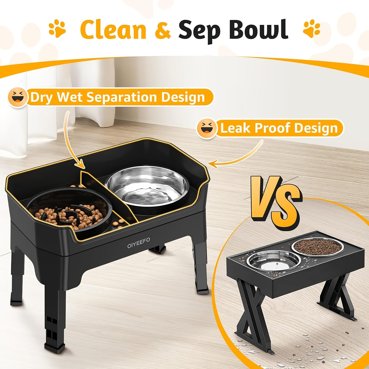 Splash Guard Elevated Dog Bowls with Four Adjustable Heights, Two 53oz Stainless Steel Bowls and Non-Slip Feet for Everyday Food and Water