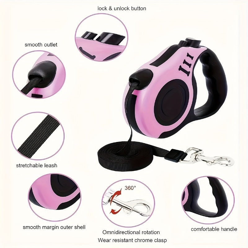 10ft Retractable Dog Leash with Ergonomic Handle, Nylon Walking Lead with Colorful Bone Design and 4 Bells for Small and Medium Dogs