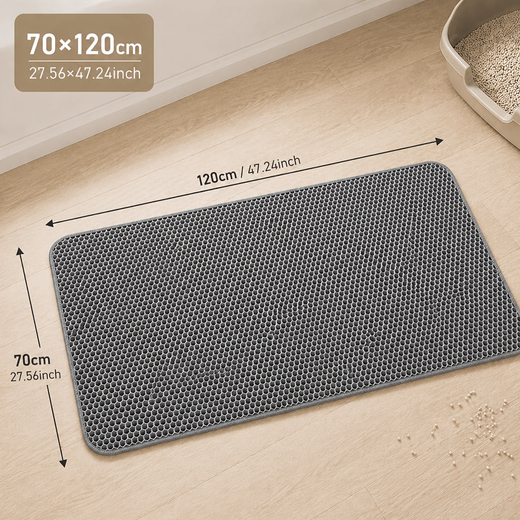 Honeycomb Litter Mat for Cats, Extra Large 27.6 x 47.2 Inch Gray Double-Layer EVA Litter Catcher with Non-Slip Design for Multi-Cat Homes