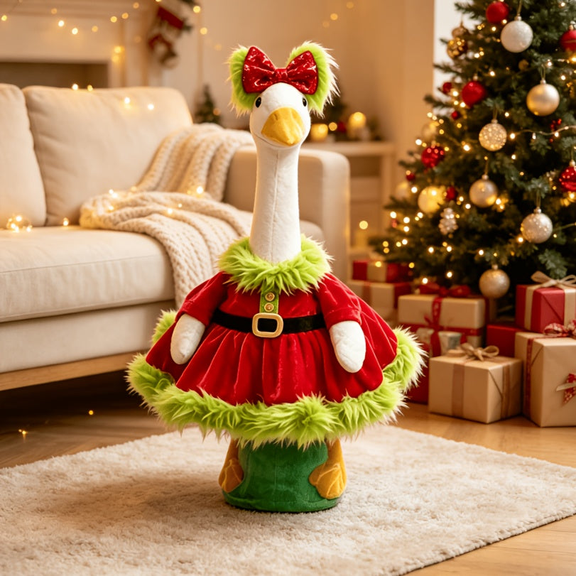 Christmas Porch Goose Outfit for 23-Inch Decorative Displays, Red Holiday Dress with Sequin Bow and Green Plush Trim for Entryway and Courtyard Decor