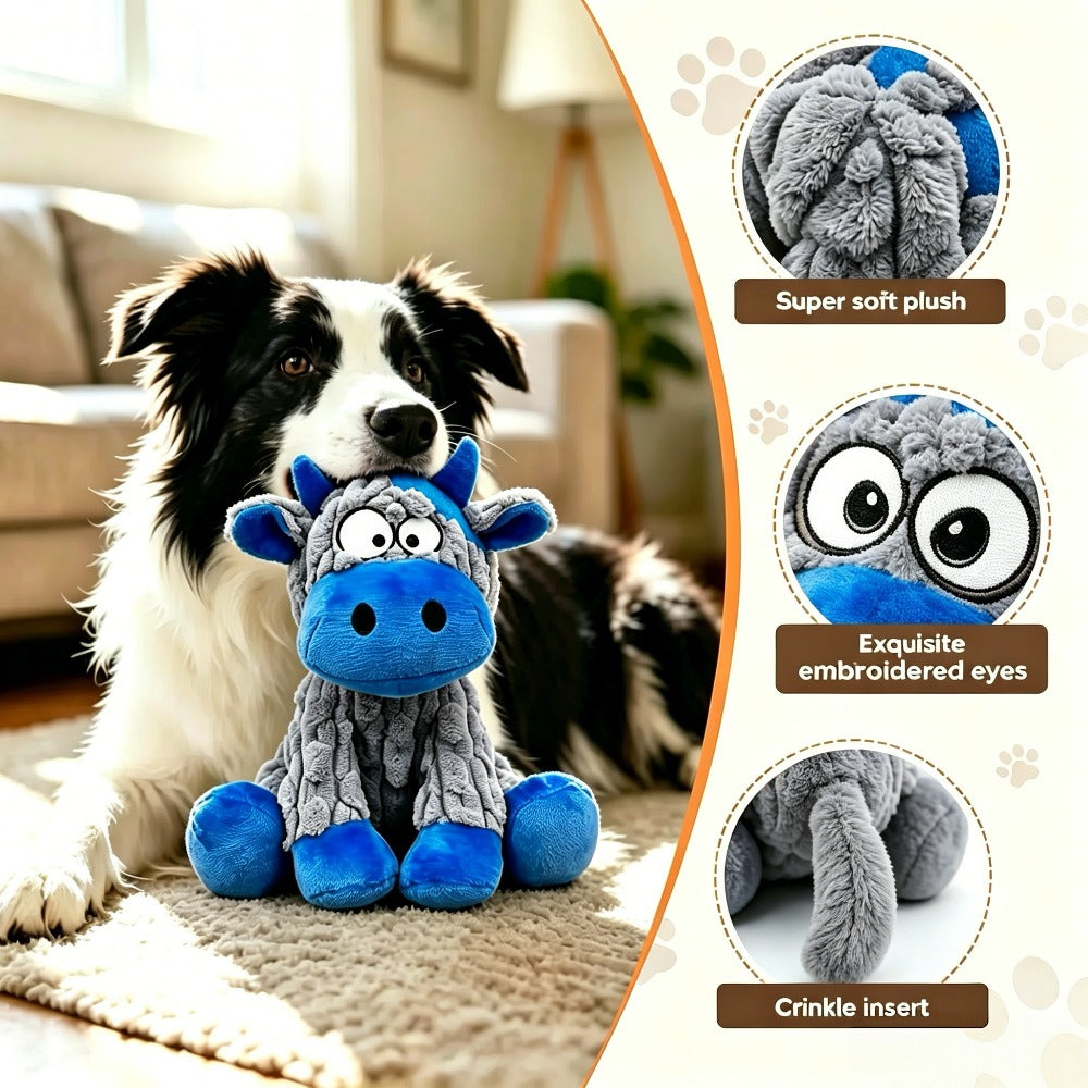 Squeaky Cow Dog Toy in Blue and Gray, Battery-Free Plush Puppy Toy for Small and Medium Dogs, Supervised Gentle Tug and Interactive Play