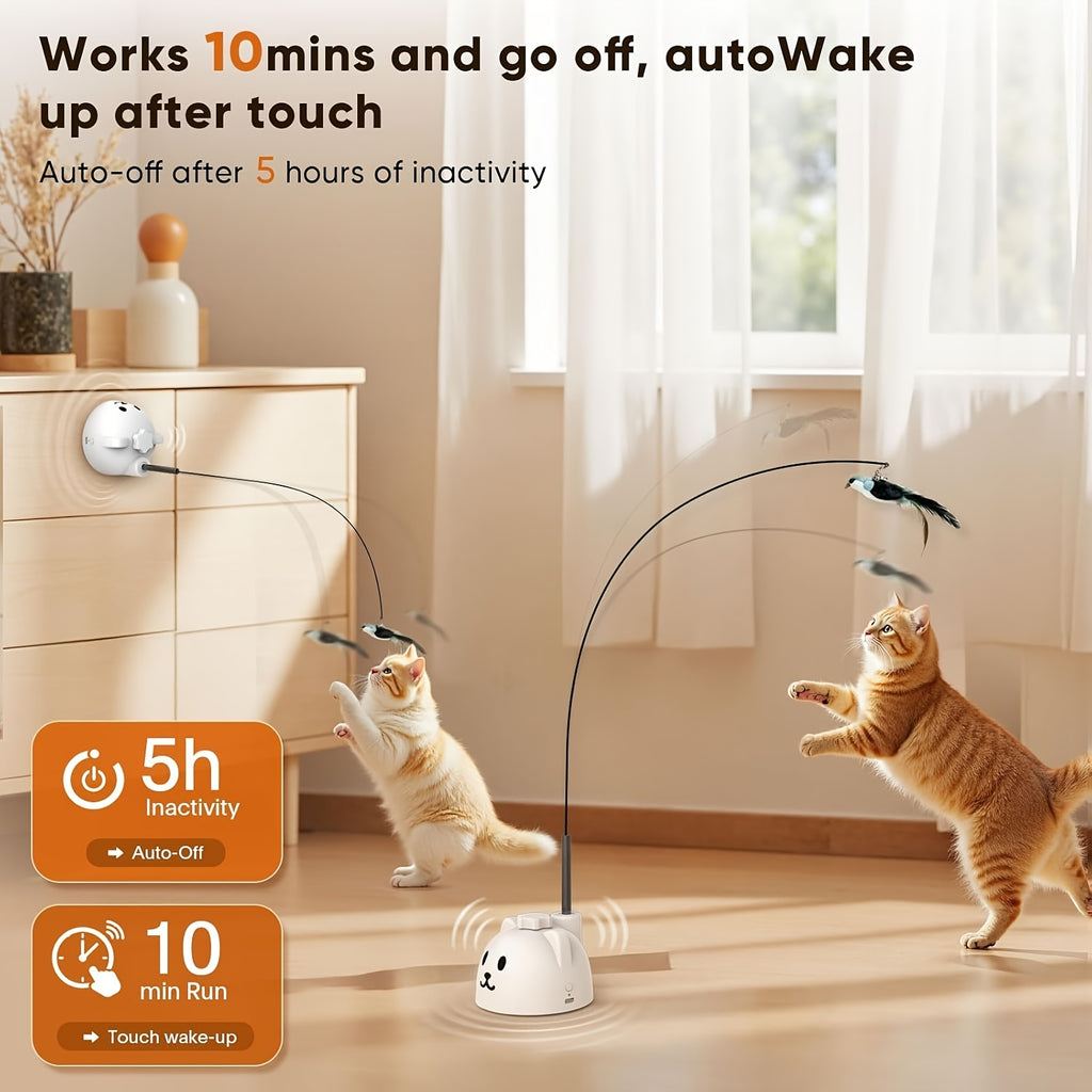 Automatic Bird Cat Toy with Rotating Feather Wand, USB Rechargeable Suction Cup Teaser with Touch Wake-Up for Supervised Indoor Play, White or Black
