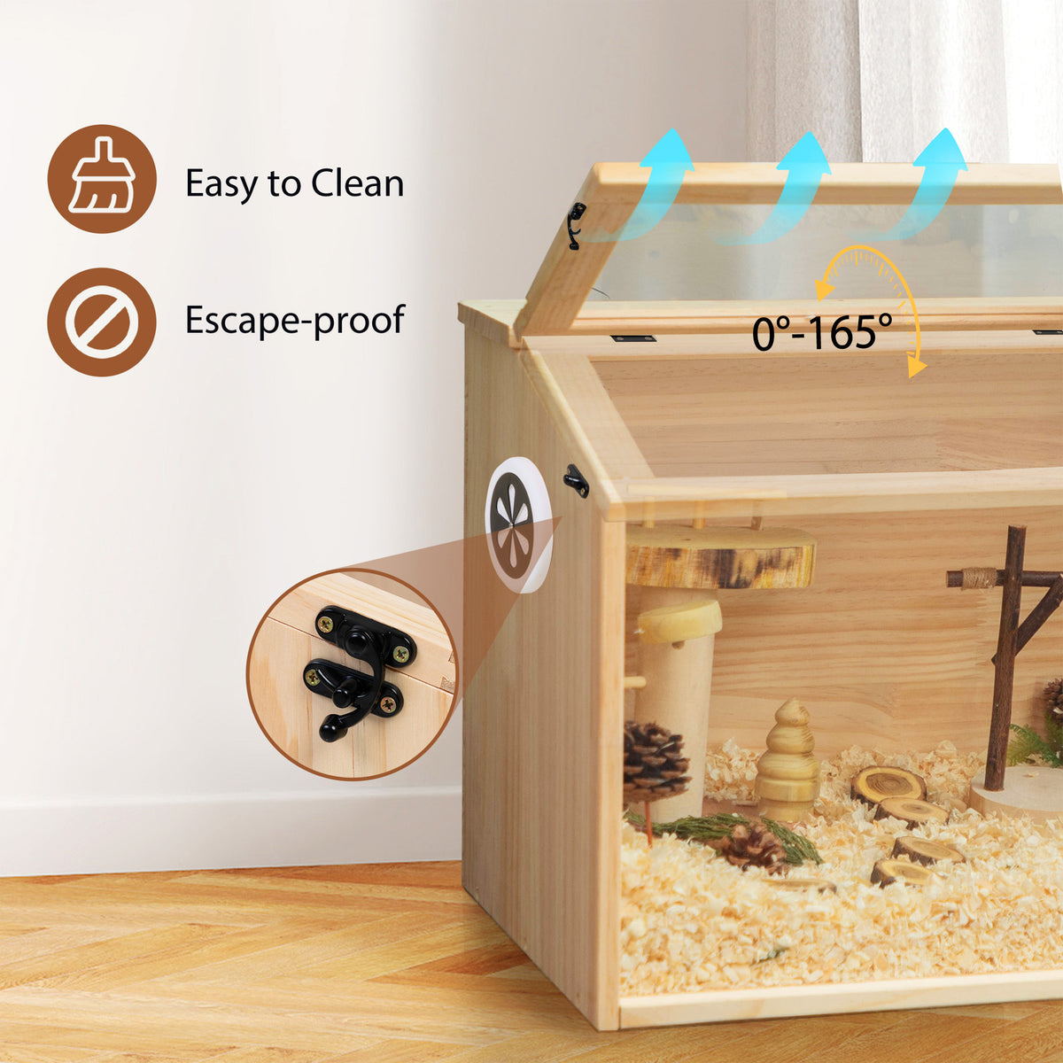 Hamster Habitat Wooden Cage with Clear Acrylic Front, Openable Top and Side Locks, 31.5-Inch Small Pet Enclosure in Natural or Burlywood