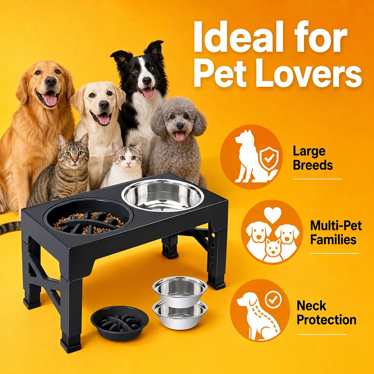 Adjustable Raised Dog Bowl Set with 5 Height Settings, 2 Stainless Steel Bowls and 1 Slow Feeder for Small to Large Dogs, Black or Gray