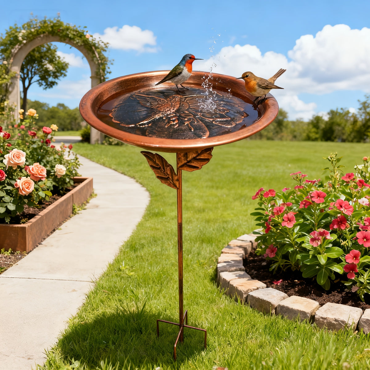 Decorative Bird Bath with Dragonfly or Butterfly Basin, Bronze-Tone Metal Garden Water Dish with Ground Stake for Outdoor Yard and Flower Bed Decor