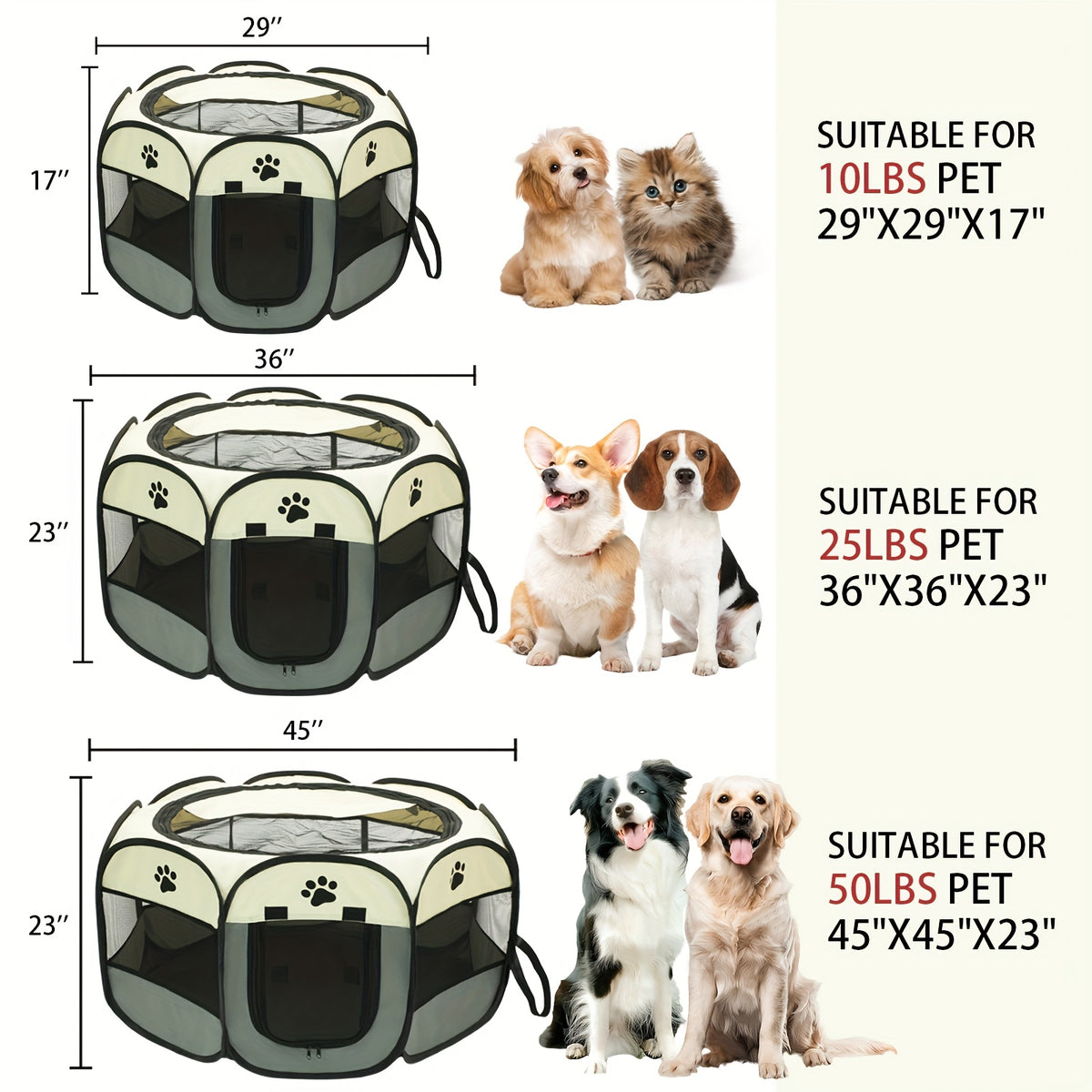 Collapsible Pet Playpen with Mesh Windows and Removable Zipper Top, Octagonal Oxford Fabric Enclosure for Dogs and Cats, Gray or Brown Indoor Outdoor Pen