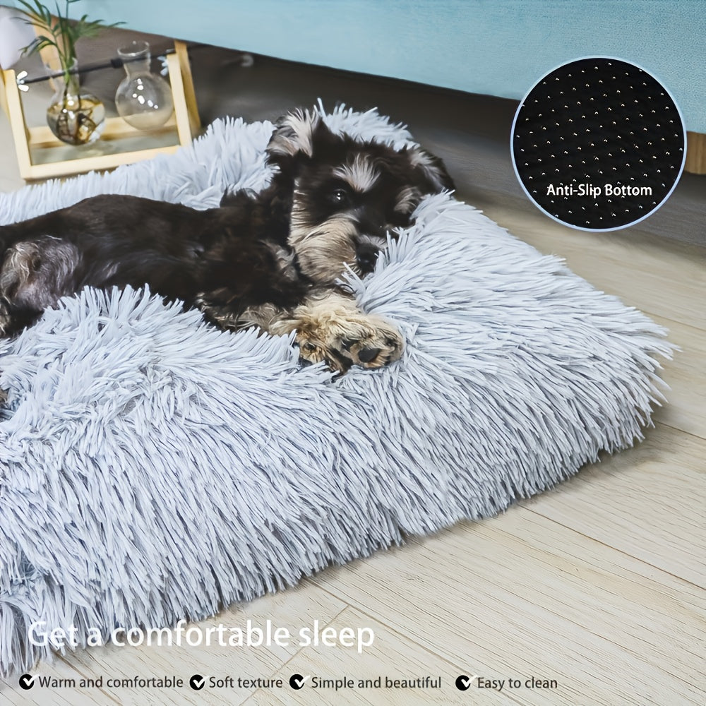 Plush Dog Bed Mat in Light Gray, Washable Polyester Cat Sleeping Pad with Fluffy Rectangular Cushion for Cozy Indoor Rest, S L XL Sizes